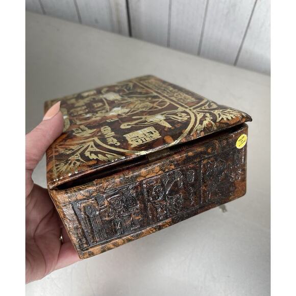 VTG Egyptian Camel Leather Lock Jewelry Box Osiris King Tut Hieroglyphic Gold - Picture 11 of 11